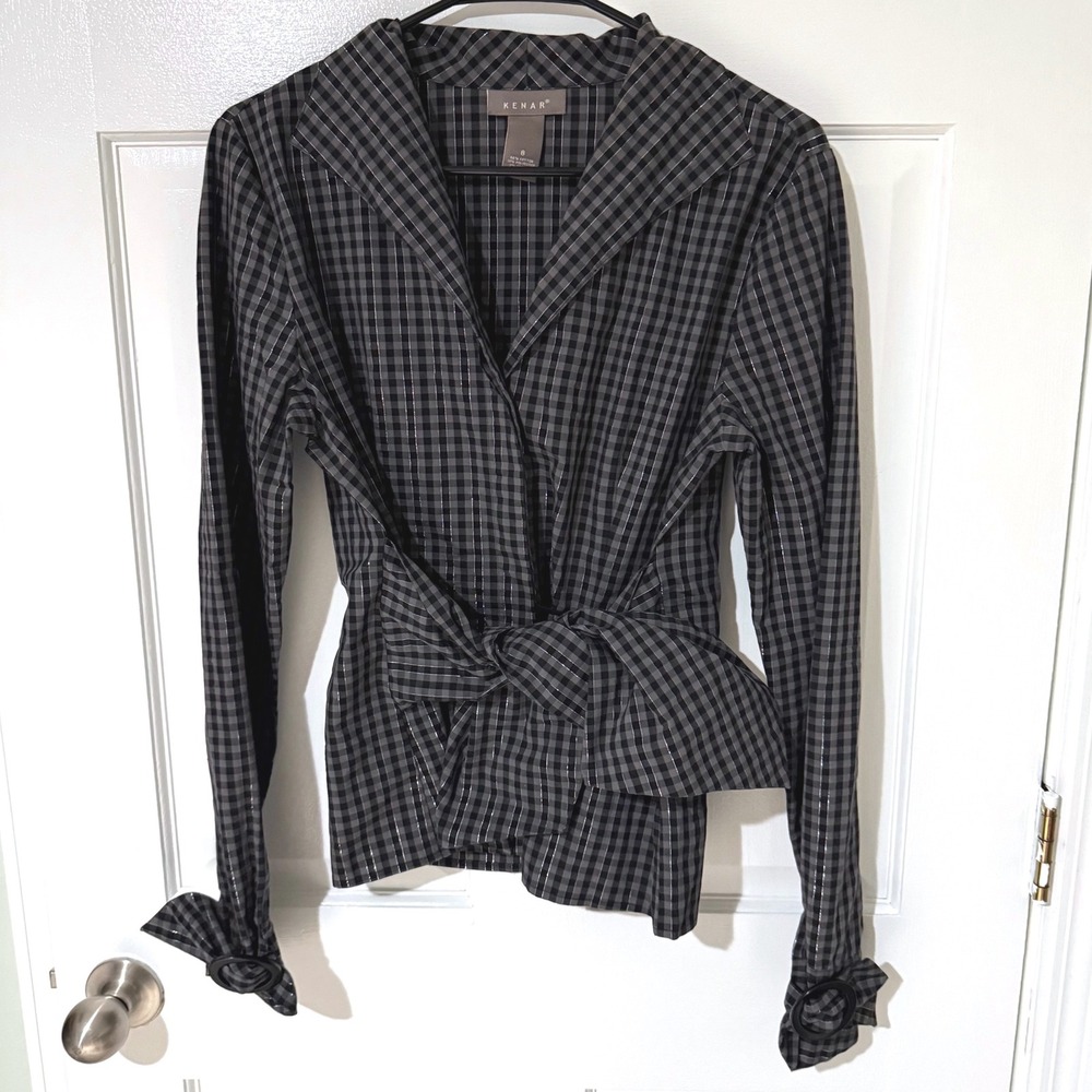 Kenar Womens Gingham Metallic Stripe Wrap Tie Blouse Black Grey Size 8